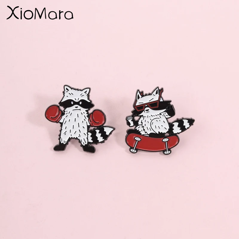Creative Fun Boxing and Skateboard Raccoon Enamel Pin, Cute Cool Street Animal Badge, Fashion Accessory, Gift for Friends