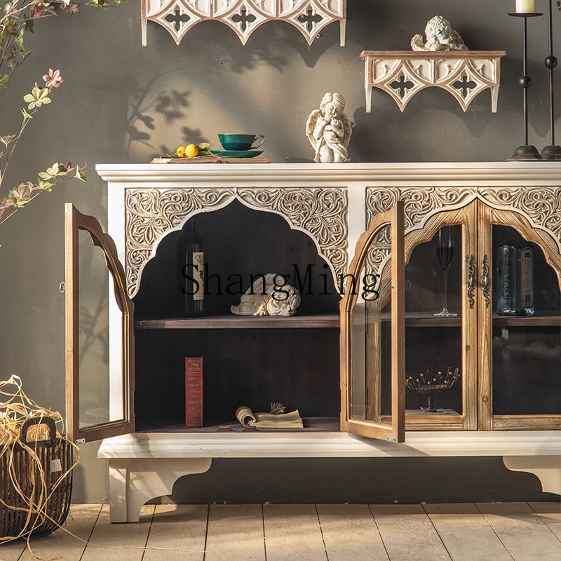 

FG retro dining side decorative cabinet art carved entrance homestay against the wall living room solid wood display cabinet
