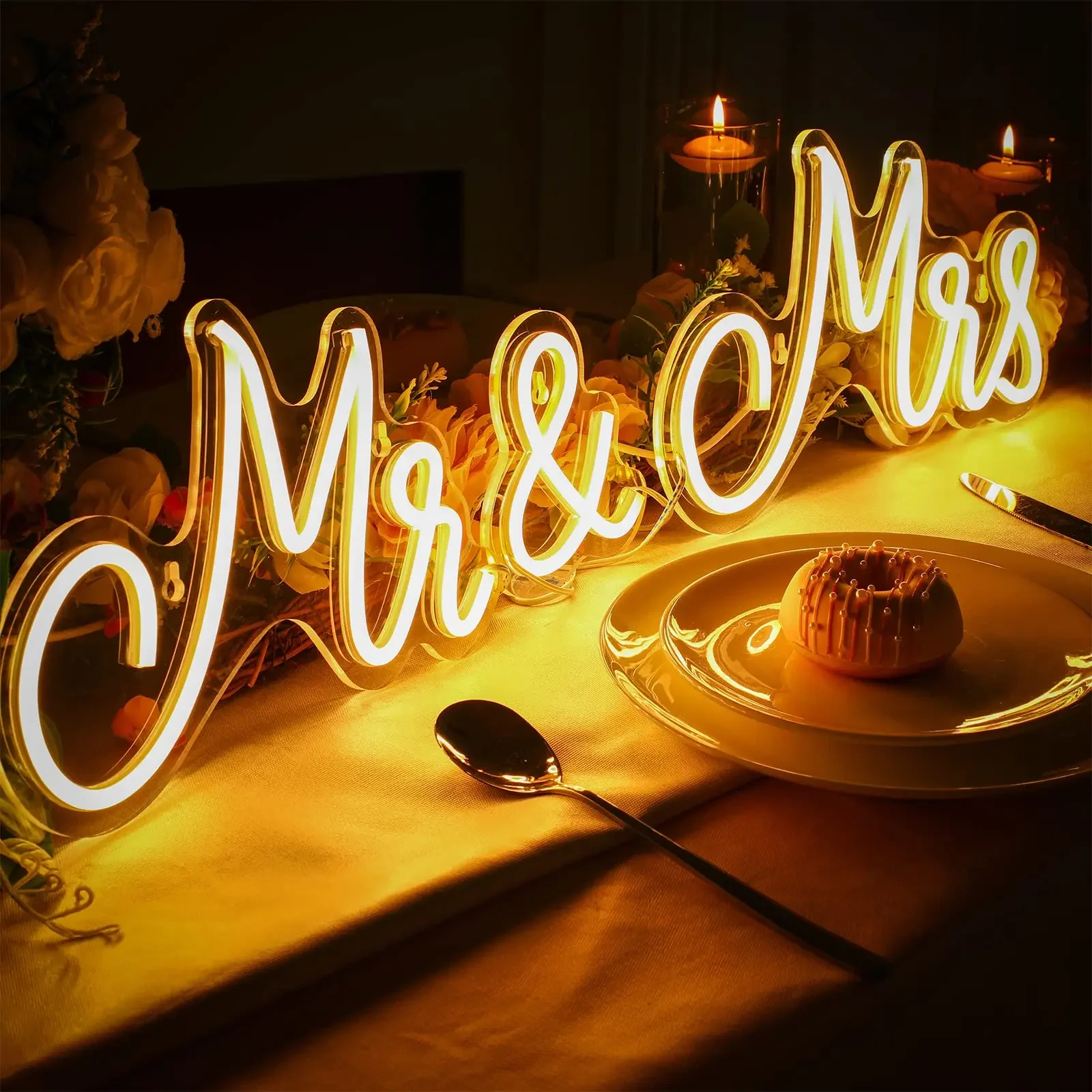 Imagem -06 - Mrs Neon Sign Led Backdrop Decoração de Parede para Casamento Recepção Usb Presente para Aniversário Noivado Banquete Decoração mr e