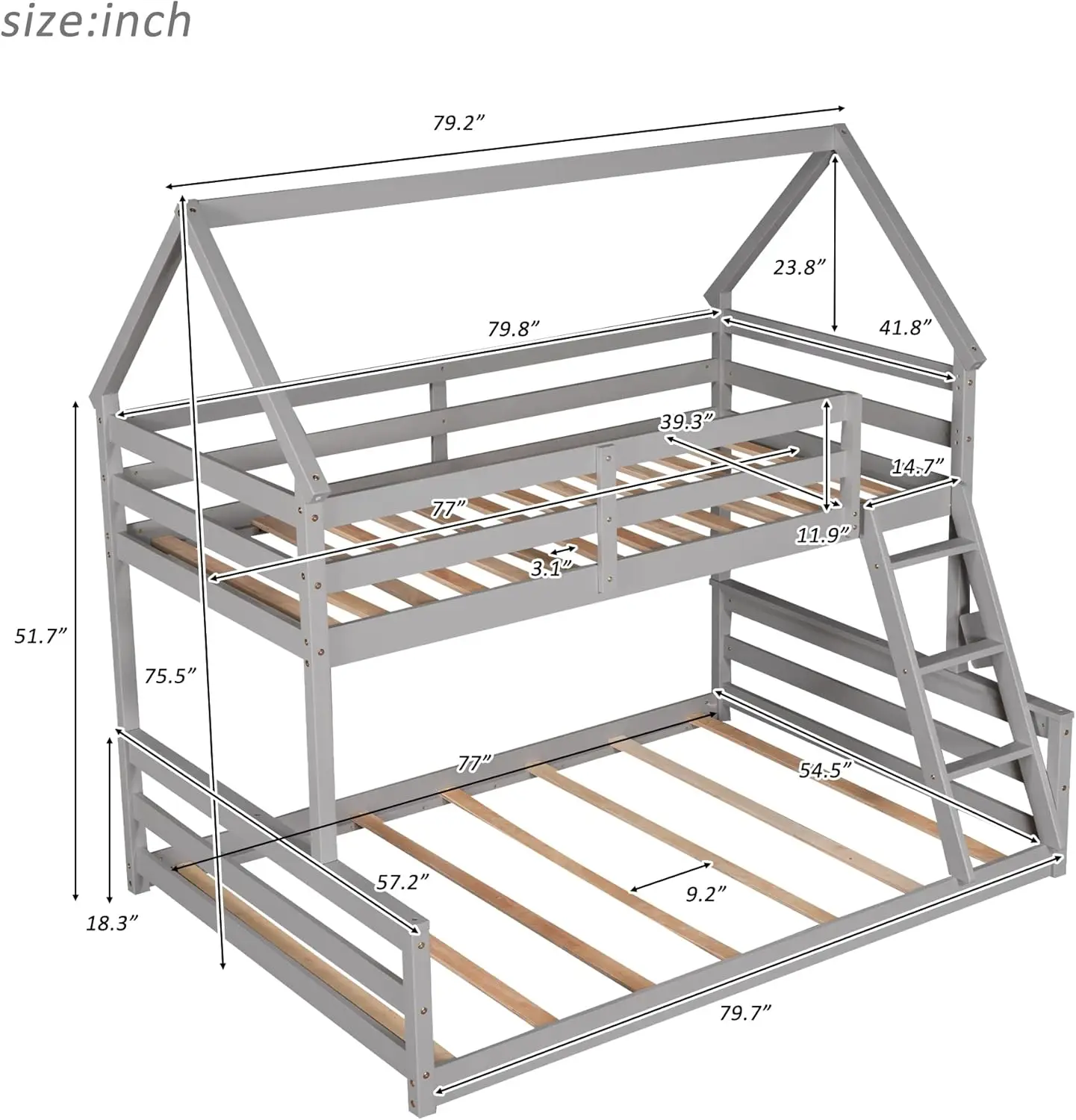 House Floor Bunk Bed With Ladder Twin Over Full,Wood Low Bunk Bed For Kids Juniors, Space-Saving,No Box Spring Needed Gray