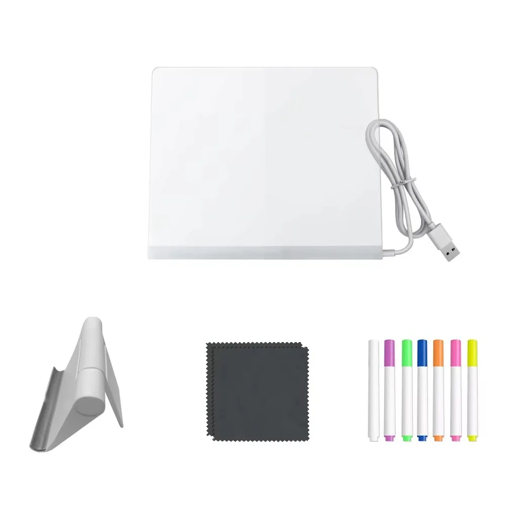 Buntes 7-Stifte-LED-Notizbrett mit Nachtlicht, verstellbarer Ständer, USB-Stromversorgung, leuchtendes Acryl-Nachrichtenbrett, wiederbeschreibbare Oberfläche