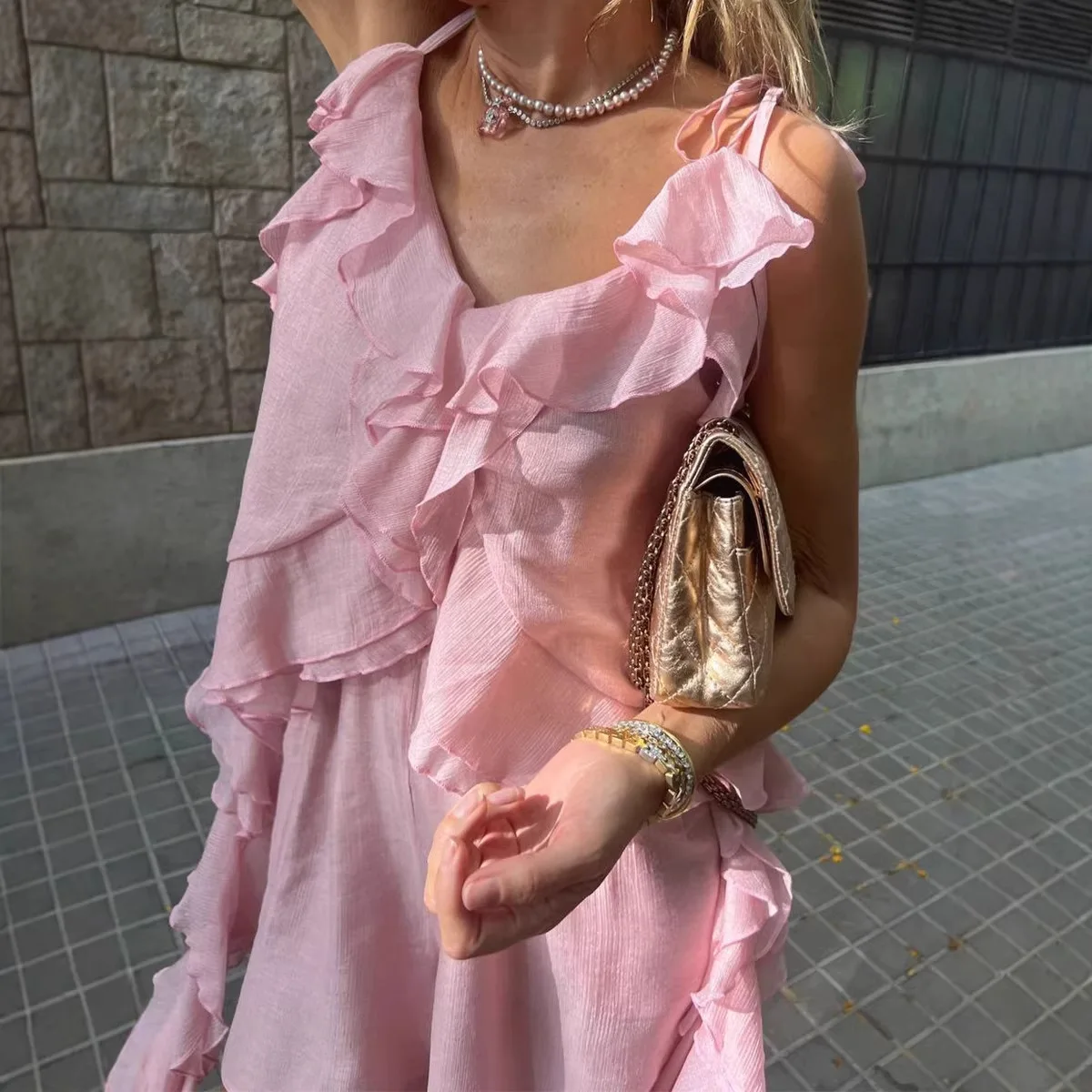 2026 Summer New Ruffles V Neck Irregular Sling Sleeveless Tank Top Women Top Pink White Blue Optional