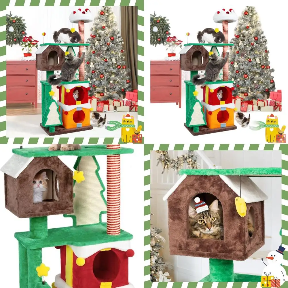 

Modern Multi-Level Cat Tower with Condos, Scratching Posts, and Cozy Basket for Indoor Christmas Fun (KM057)