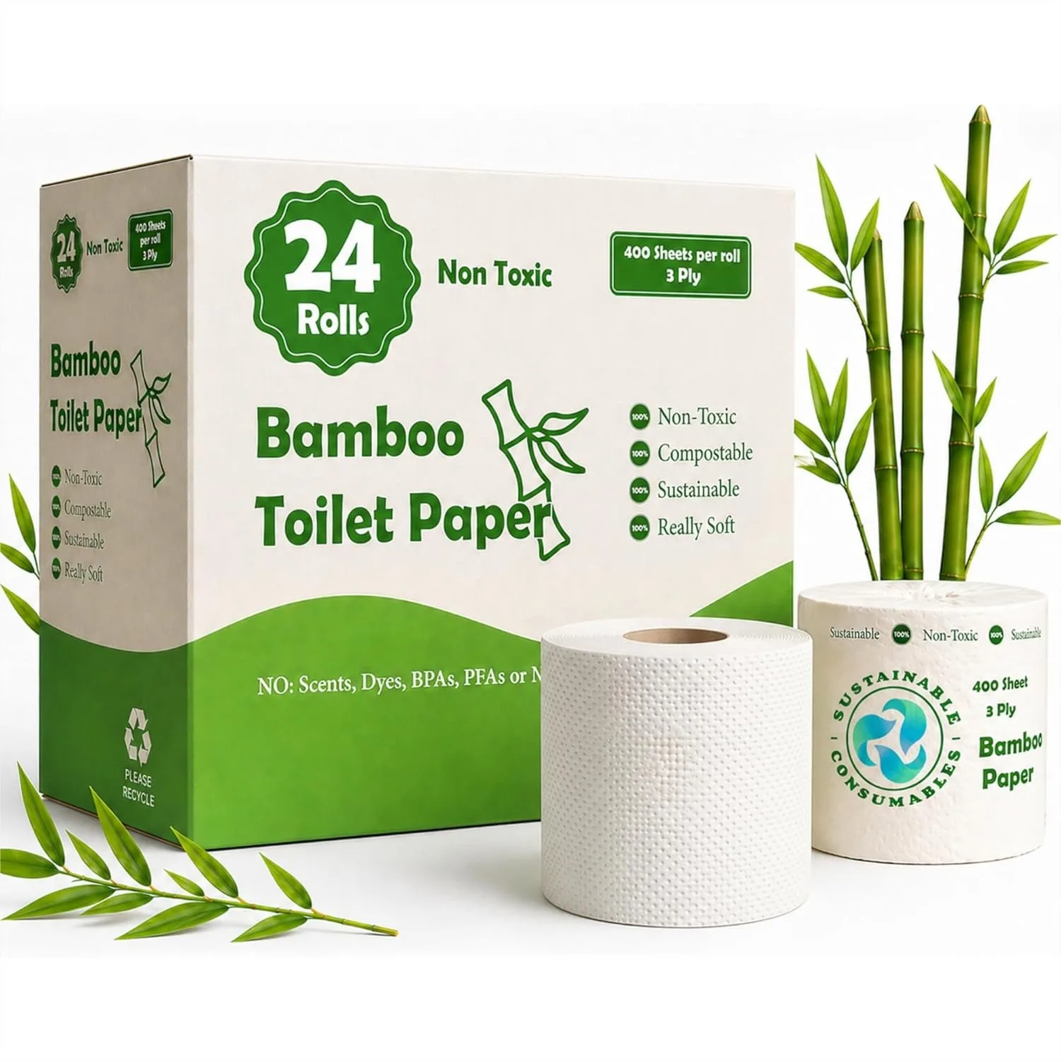 

24 Rolls 100% Bamboo Toilet Paper 3-Ply 400 Sheets Per Roll Unbleached Septic Safe Eco Friendly Plastic Free Packaging For Home RV Boat