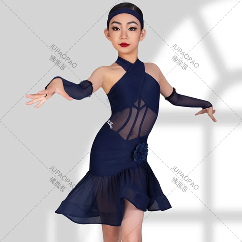 Kids Latin dance dress girls competition clothing halter neck mesh dress Umba ballroom dance performance dress Black