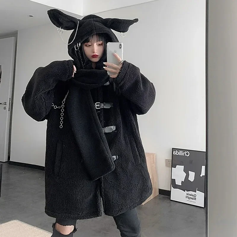 Y2k E-girl Streetwear Vintage Mall Goth Grunge Cute Rabbit Cap Scarf with Chain Gothic Neckerchief Women Harajuku Emo Alt Wrap