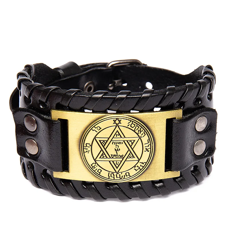 Trendy Totem Design Six-pointed Star Bracelet Men\'s Bracelet New Fashion Leather Woven Viking Accessorie Party Jewelry Wholesale