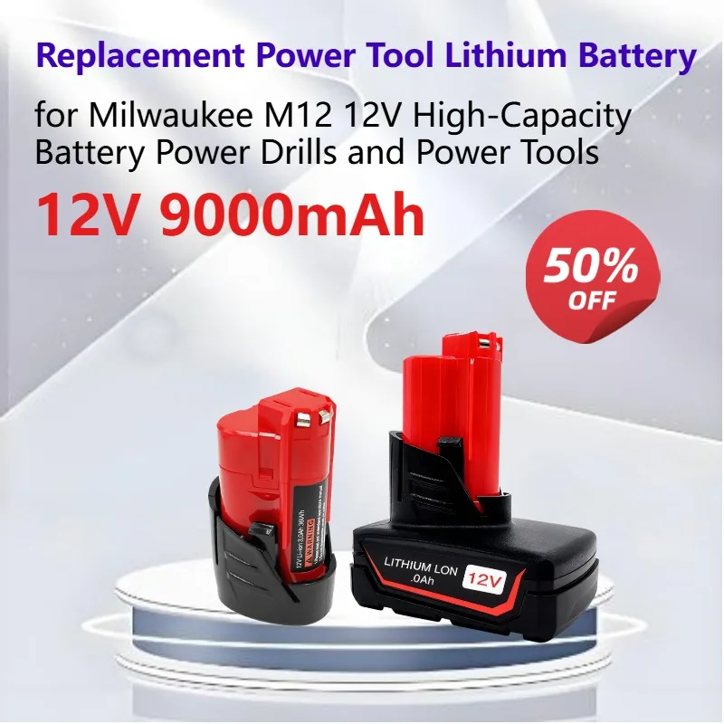 12V 9000mAh Replacement Power Tool Lithium Battery High-Capacity Power Battery for Milwaukee M12 Cordless Drill