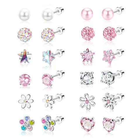 12 Pairs Stainless Steel Stud Earrings for Women, Screw Back Earrings for Sensitive Ears Cute Flower Butterfly Stud Hoop Earring
