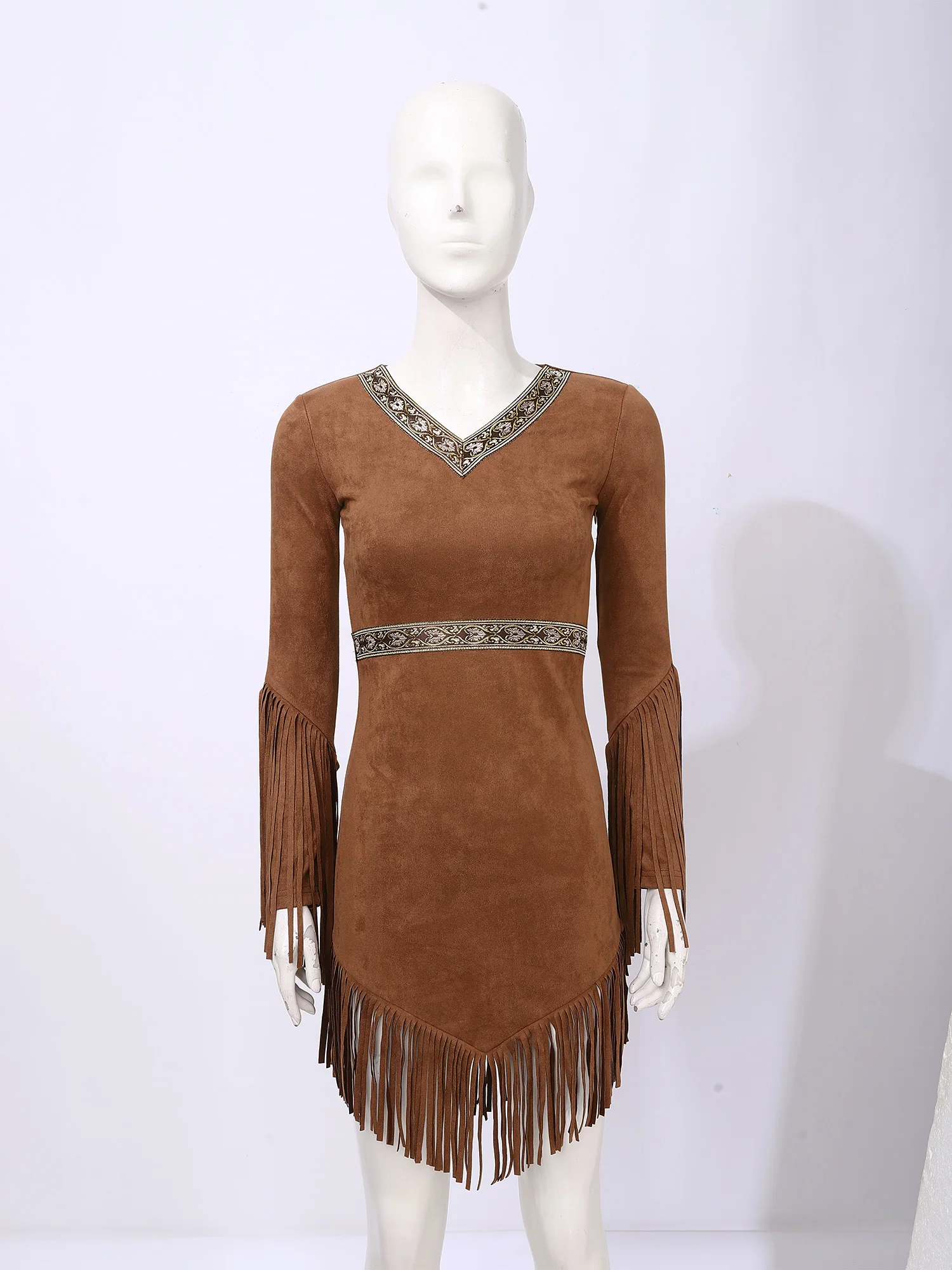 

Women Halloween Native American Cosplay Dress Costume Long Fringed Sleeve Cutou Tassel Hem Dress for Thanksgiving Day Fancy Ball