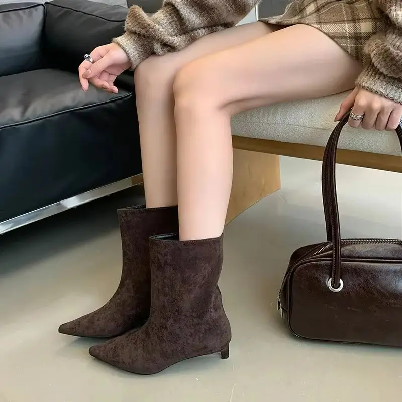 Kitten Heel Slip On Botas Mujer 2026 Tendencia Straight Botines Fashion Elegant Flannel Pointed Toe Short Ankle Boots For Women