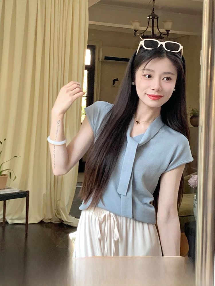 

No Errors Gentle Sister Knot Silk Blend Slim Fit ort Sve Top Korean Sle V-Ne Casual Women's irt