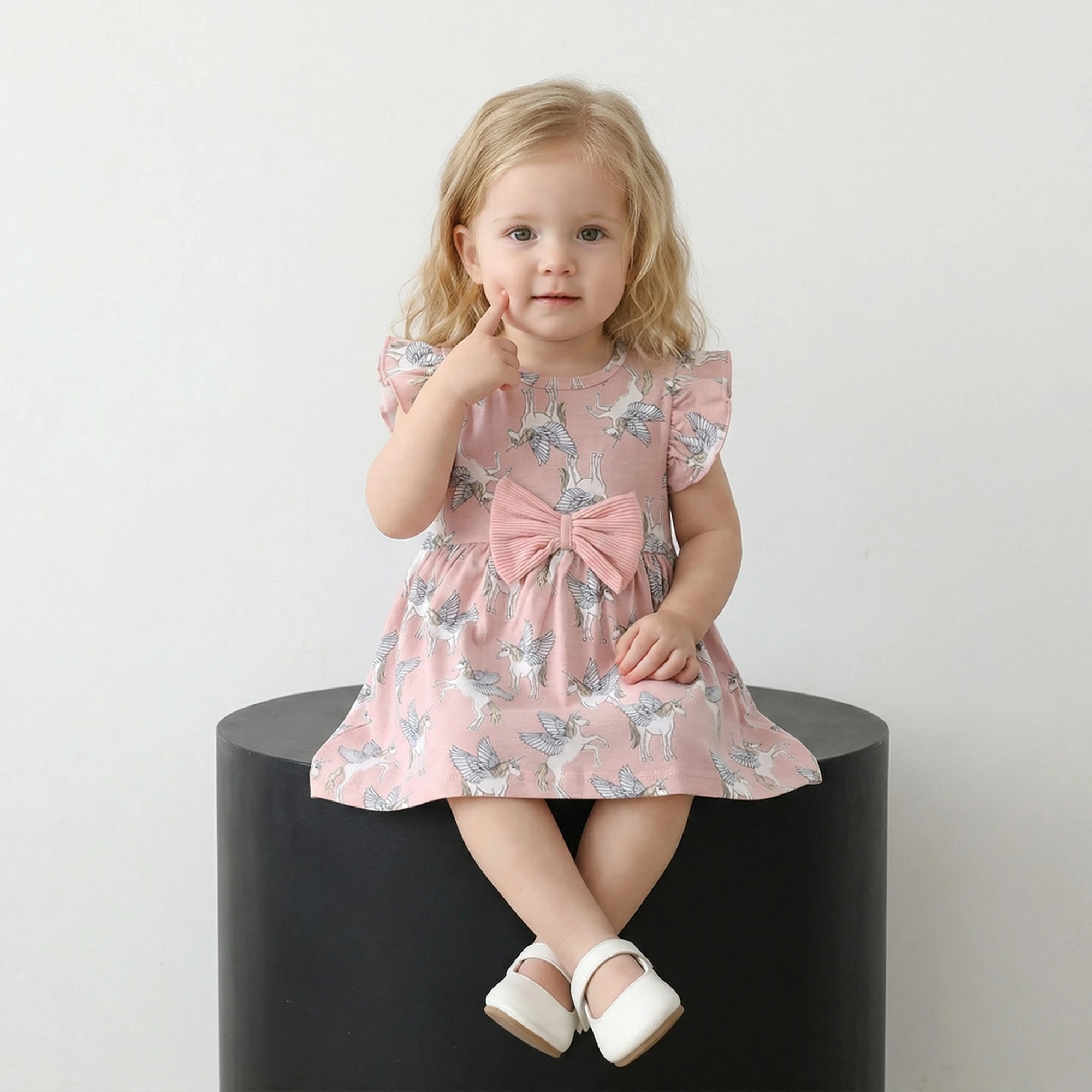 Baby Girl Summer Cotton Knitted Dress Unicorn Print Solid Color Princess Dress Bowknot Ruffle Sleeve Infant Party Clothes 0-3Y