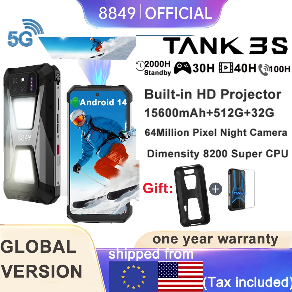 8849 Tank 3S Unihertz Rugged Smartphone with Projector 5G 24/32GB RAM 256/512GB ROM Dimensity 8200 64MP Night Vision Phone