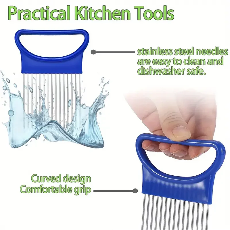 شوكة بصل سحرية 4 في 1 للمطبخ - حامل من الفولاذ المقاوم للصدأ لتقطيع بدون تمزق، يثبت أدوات المطبخ المساعدة على البطاطس والفواكه