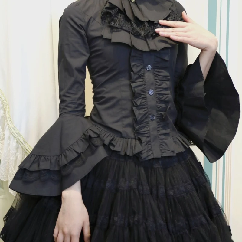 

Lolita Gothic Y2k Elegant High-End Slim Vintage Half High Collar Flare Sleeve Women Tuxedo Shirt 2000s Autumn French Blouse Chic