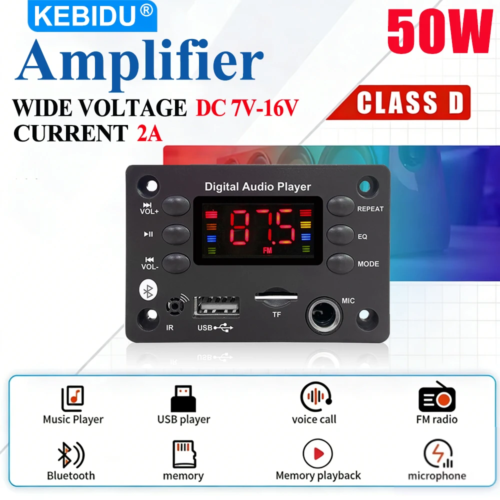 KEBIDU 50W Bluetooth Amplifier Car Audio Player 6.5mm Microp