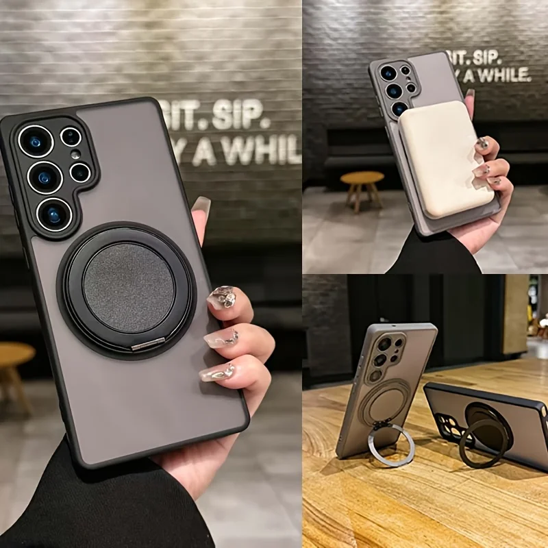 For Samsung Galaxy S26 Ultra S23 S24 S25 Plus FE A15 A16 A17 A33 A34 A35 A55 A56 For Magsafe Frosted Rotating Stand Phone Case