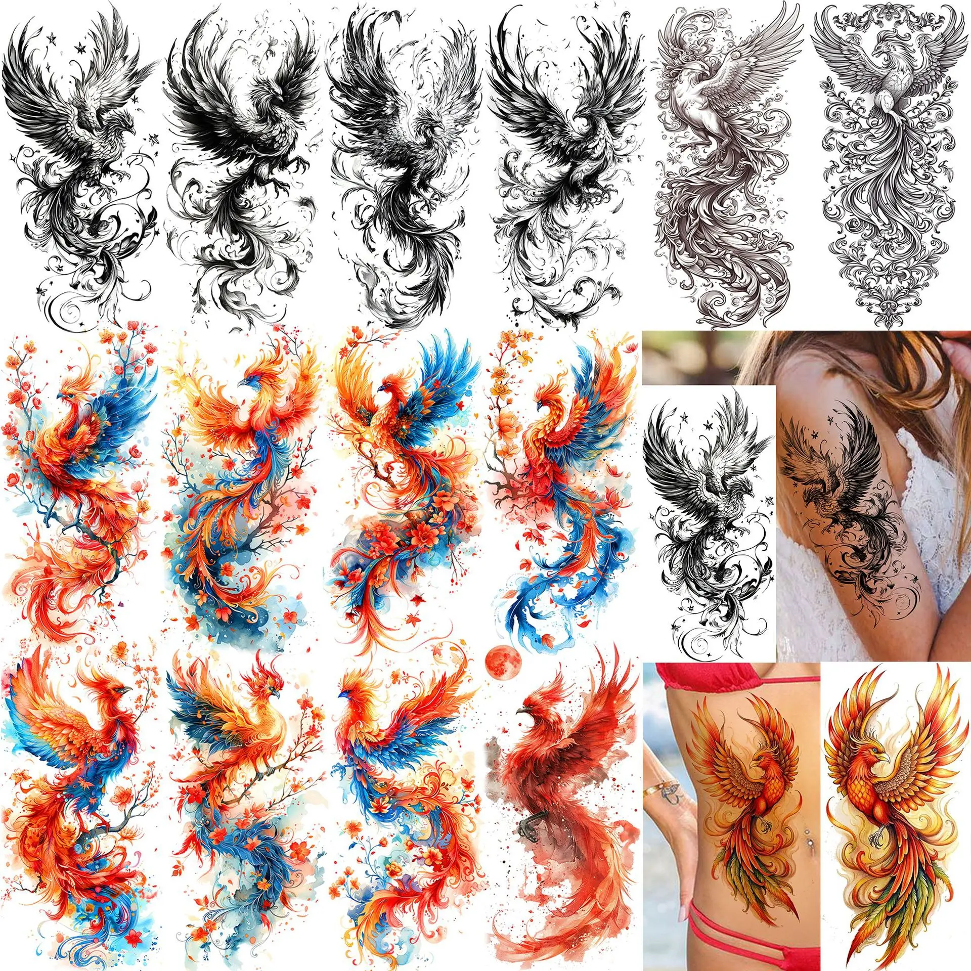 Phoenix Waterproof Tattoo Stickers Realistic Fade Resistant Long Lasting Non Toxic for Arm Calf Leg