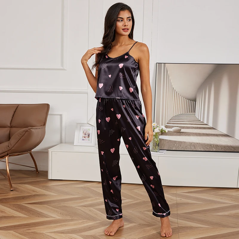 Women\'s Home Clothes Sexy V Neck Pajama Silk Pajamas Set Sleepwear Satin Cami Vest with Trousers Pajamas 2 Piece Sets Loungewear