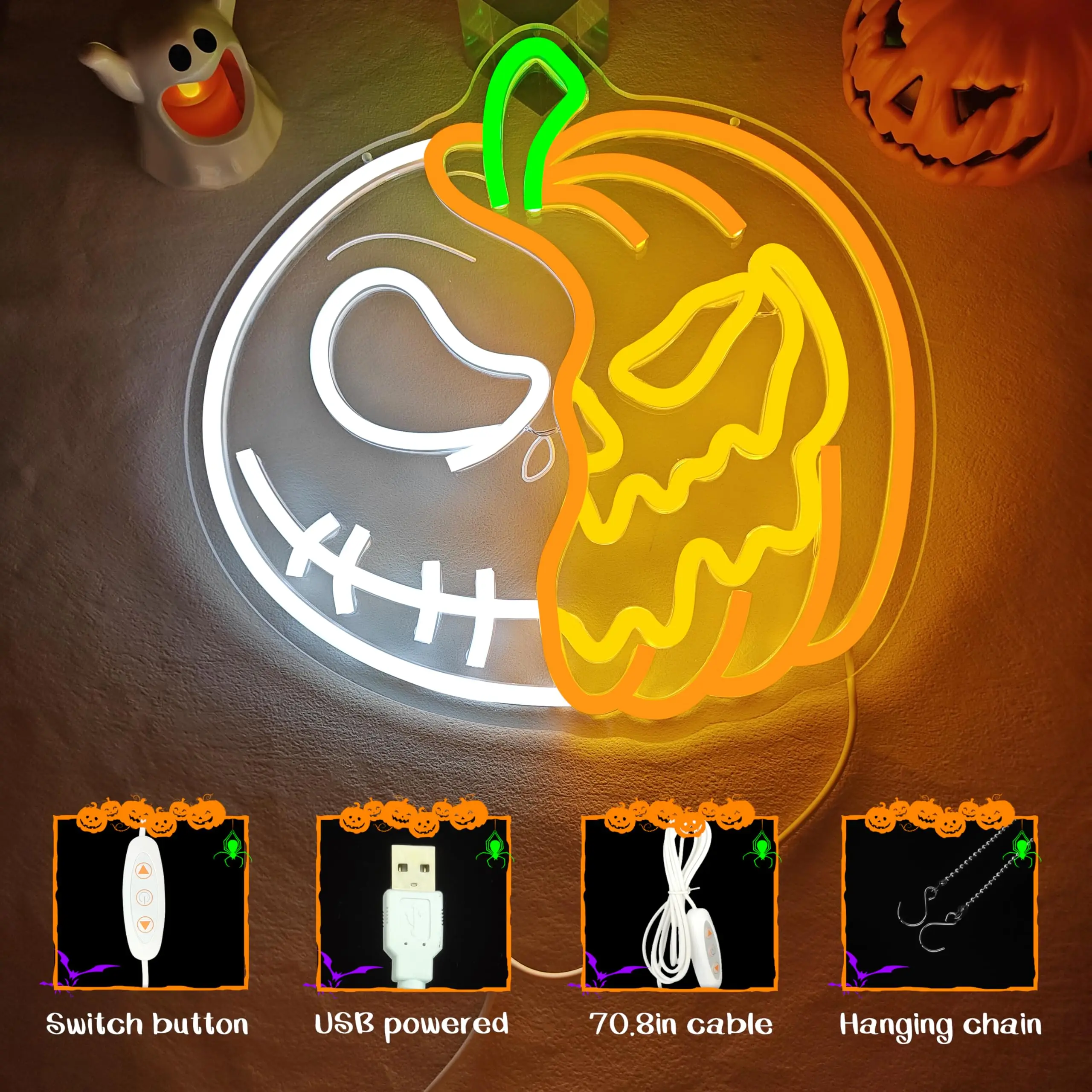 Letreros de neón de Halloween para decoración de pared, luces Led de calabaza, letrero de neón de calavera, letreros de calabaza con luz USB, señales Led de calavera regulables