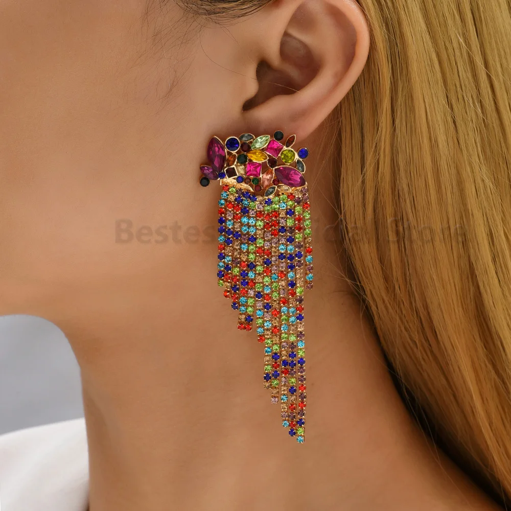 New Trendy Long Earrings Woman Colorful Crystal Chain Geometric Retro Exaggerated Pendant Girl Gift  Luxury Charm Jewelry Gifts