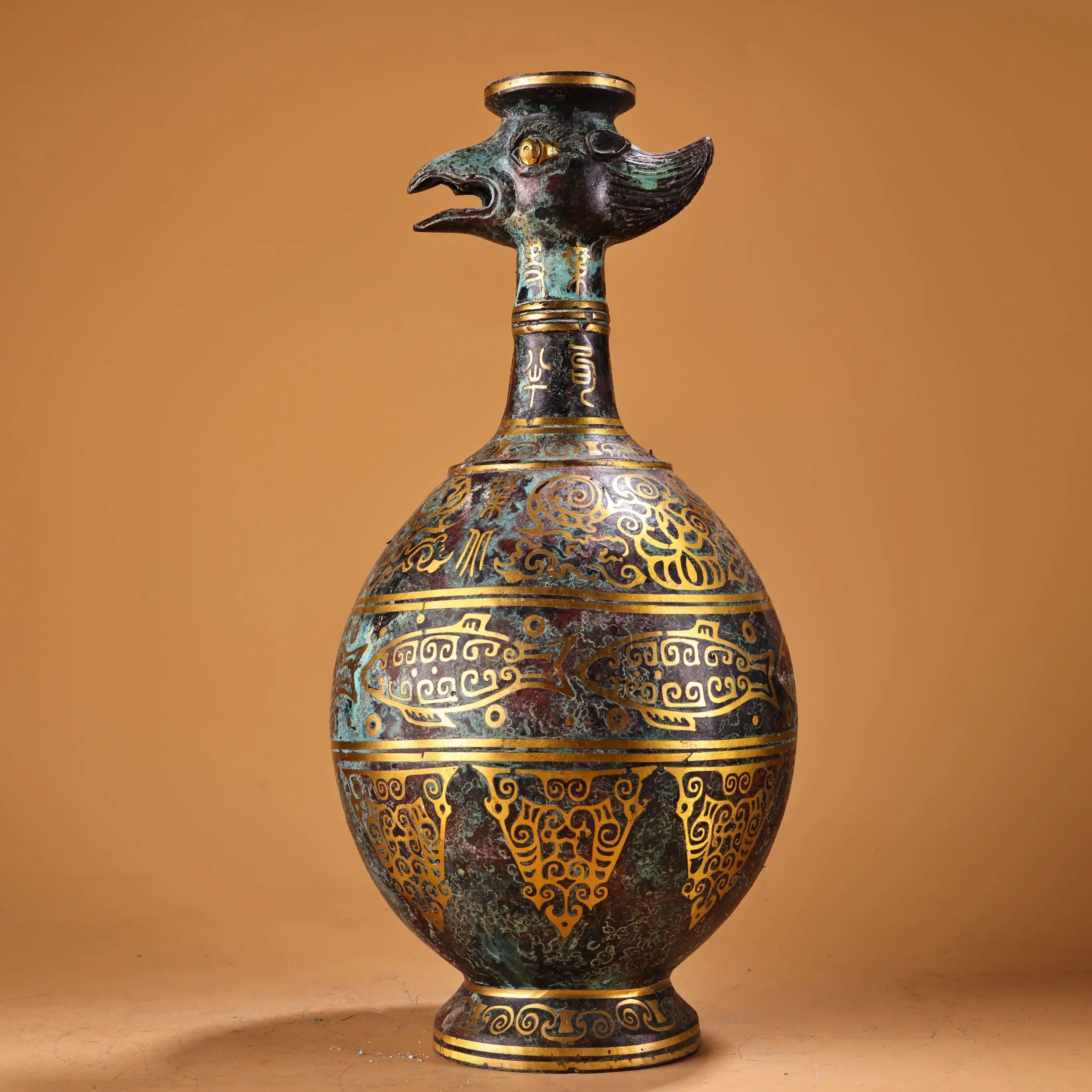 Tibet Folk Old Bronze Gilded Inscription Oracle Bone Script Pattern Phoenix Head Vase Big bellied bottle Amass wealth Ornaments
