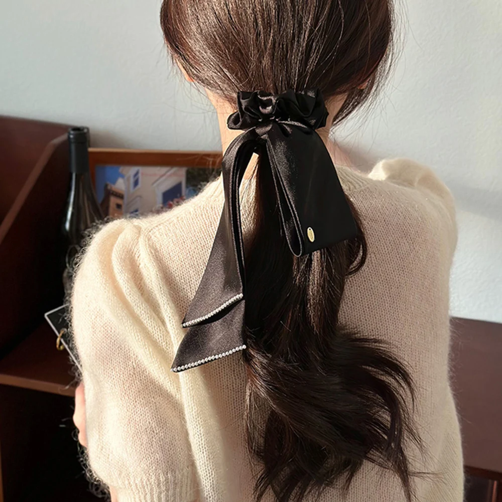 Pearl Edge Bow Hair Rope French Satin Ribbon Solid Color Elegant High Ponytail Holder Elastic Hair Band Fashion Hair Accessories