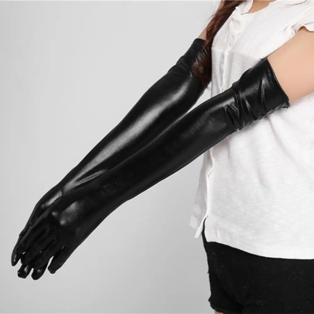 Catsuit de couro preto para adultos, acessório fetiche, luvas longas de látex