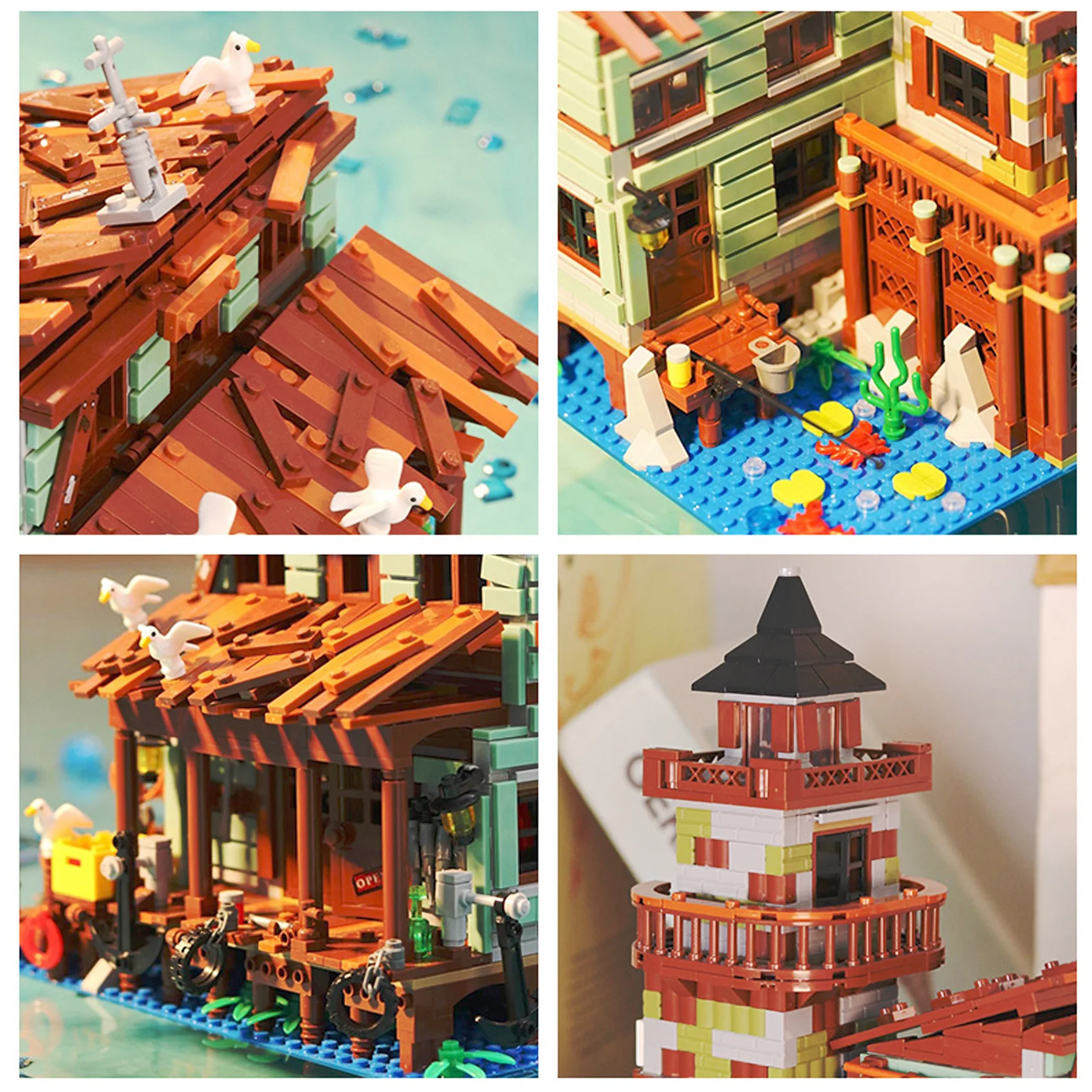 1881PCS Creative Fishing Village Cabin Building Blocks Seaport Wood House Assemble Micro Bricks Toys Gift For Children Kids