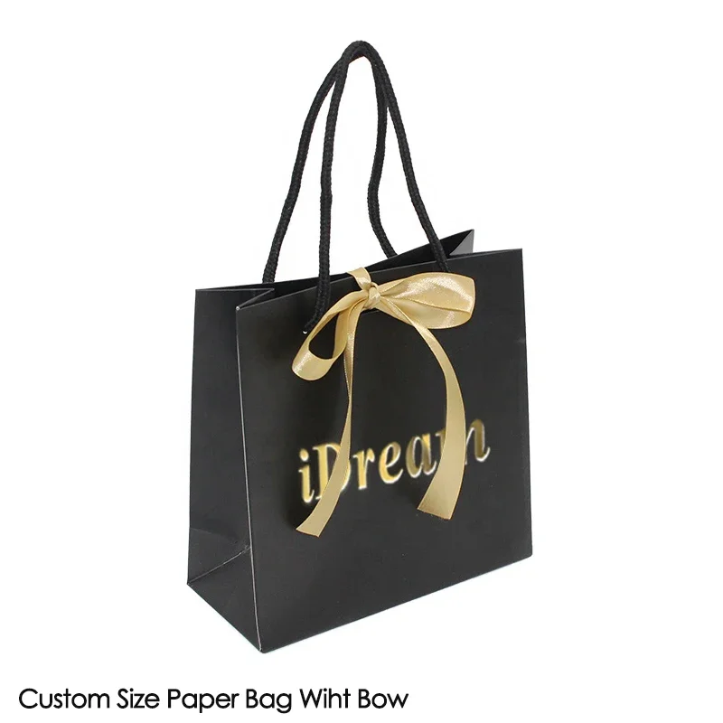 Custom Design Ribbon Handle Black Luxury Jewelry Cosmetic Gift Clothing Shopping Packaging 250 gsm Art Paper Bag For Business