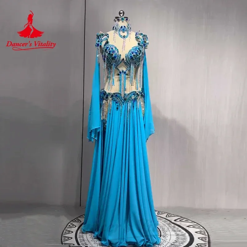 

Костюм для танца живота, женский бюстгальтер с камнями AB + шифоновая длинная юбка с разрезом, 2 предмета для женщин, индивидуальный костюм для восточного танца живота