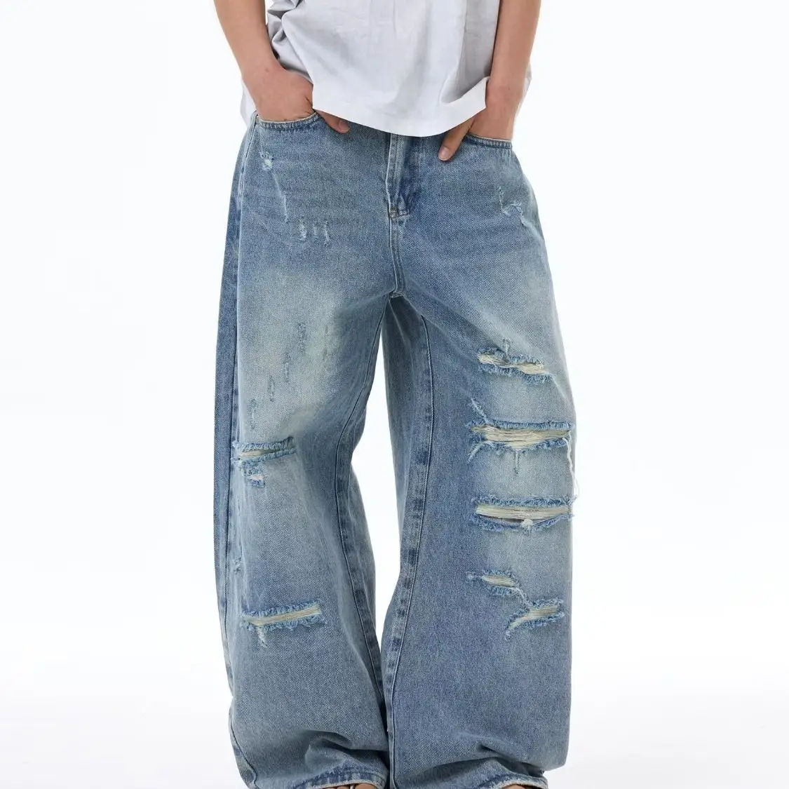 Men's Retro Holes Jeans Casual Distressed Pants Summer Street Sweatpants Young Boy Bottom Male High Waist Y2k Cool Trousers