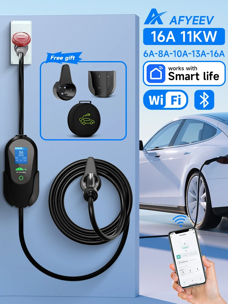 AFYEEV 11KW Typ2 Tragbares EV-Ladegerät 16A 3-Phasen Elektroauto-Ladegerät Wi-Fi APP Bluetooth Version Fernbedienung CEE-Stecker