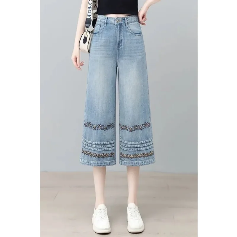 

Women's Jeans Washed Denim High Waist Wide Leg Cropped Jeans with Embroidery Hem Casual Denim Pants