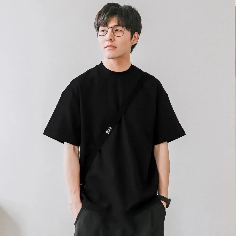 

2025 футболки с вырезом мужские 350 г/м2 хлопок однотонные мужские футболки с короткими рукавами весна-лето свободная рубашка повседневные футболки