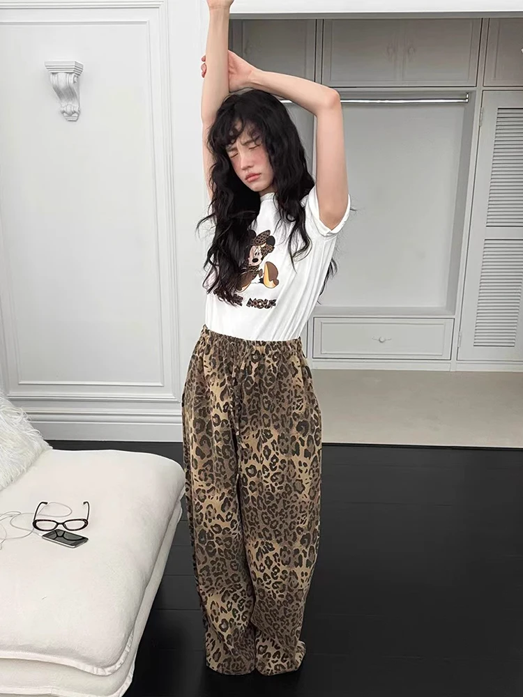 

Шикарные свободные прямые брюки с леопардовым принтом, повседневные брюки с эластичной резинкой на талии, женские осенние новые брюки Sle Personali Faion