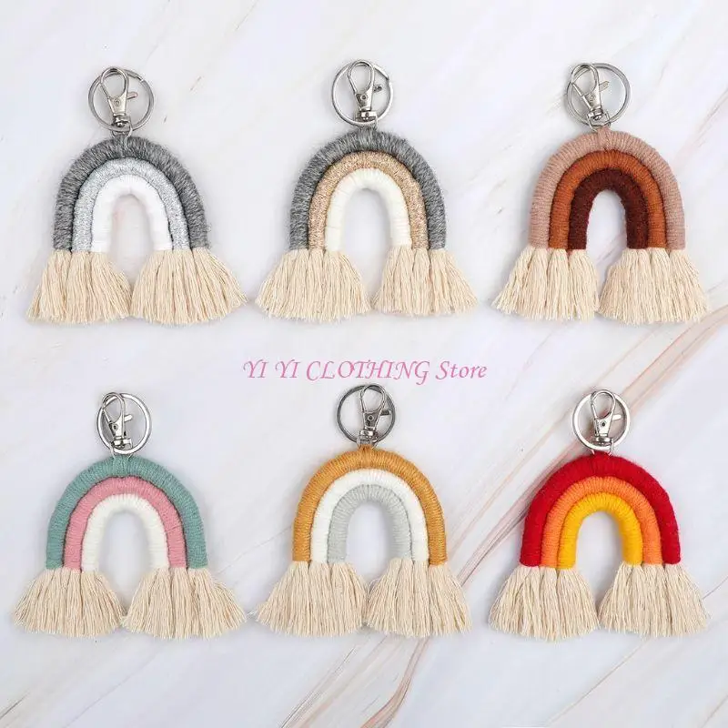 N5KF 트렌디 한 수제 키 홀더 키 링 술 지대 직조 무지개 펜던트 키 체인 보석 지갑 핸드폰 백 팩