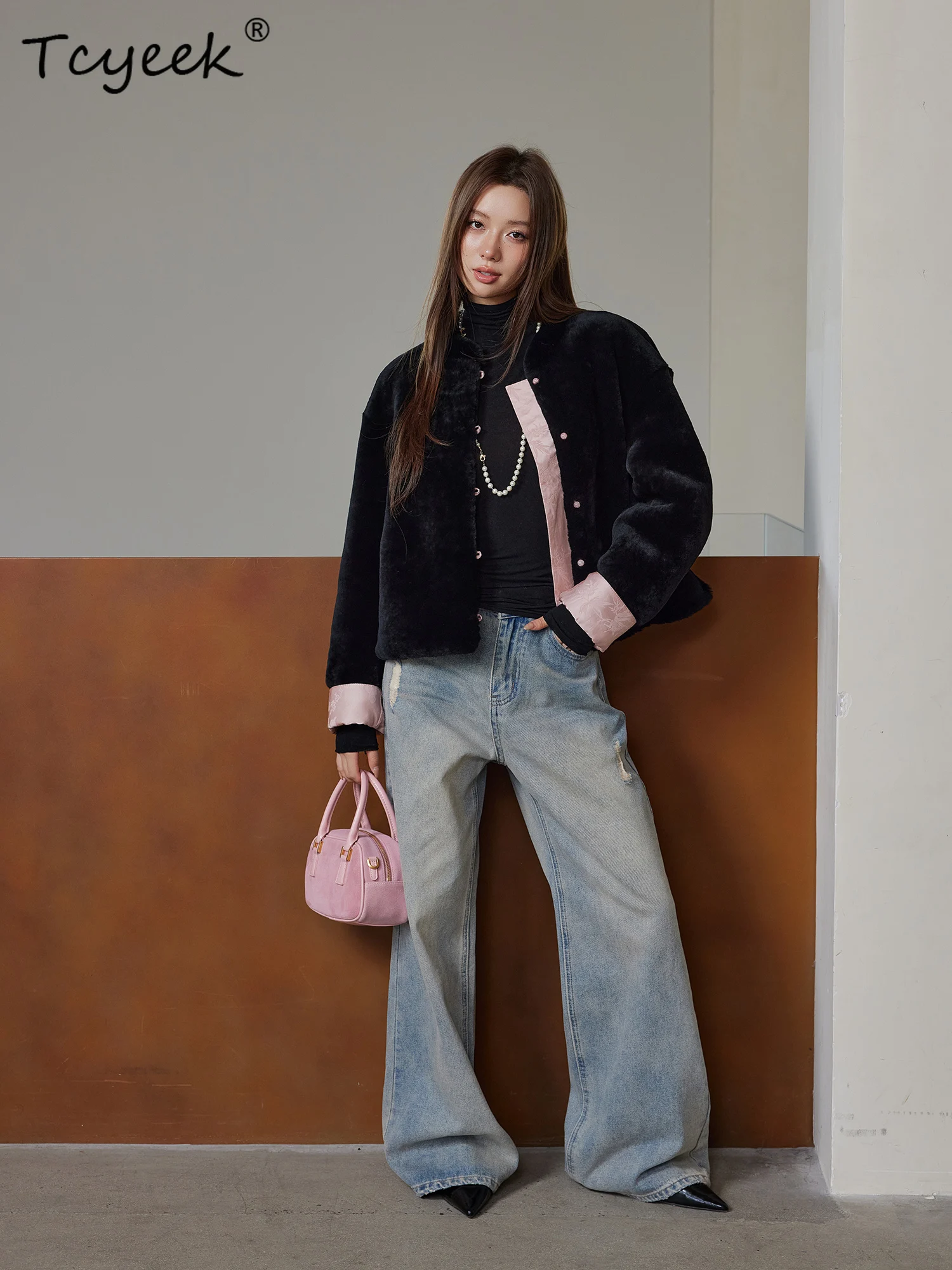 Tcyeek lã real outono inverno novo estilo chinês pele integrada gola curta casaco de pele de lã feminino fourrures femme