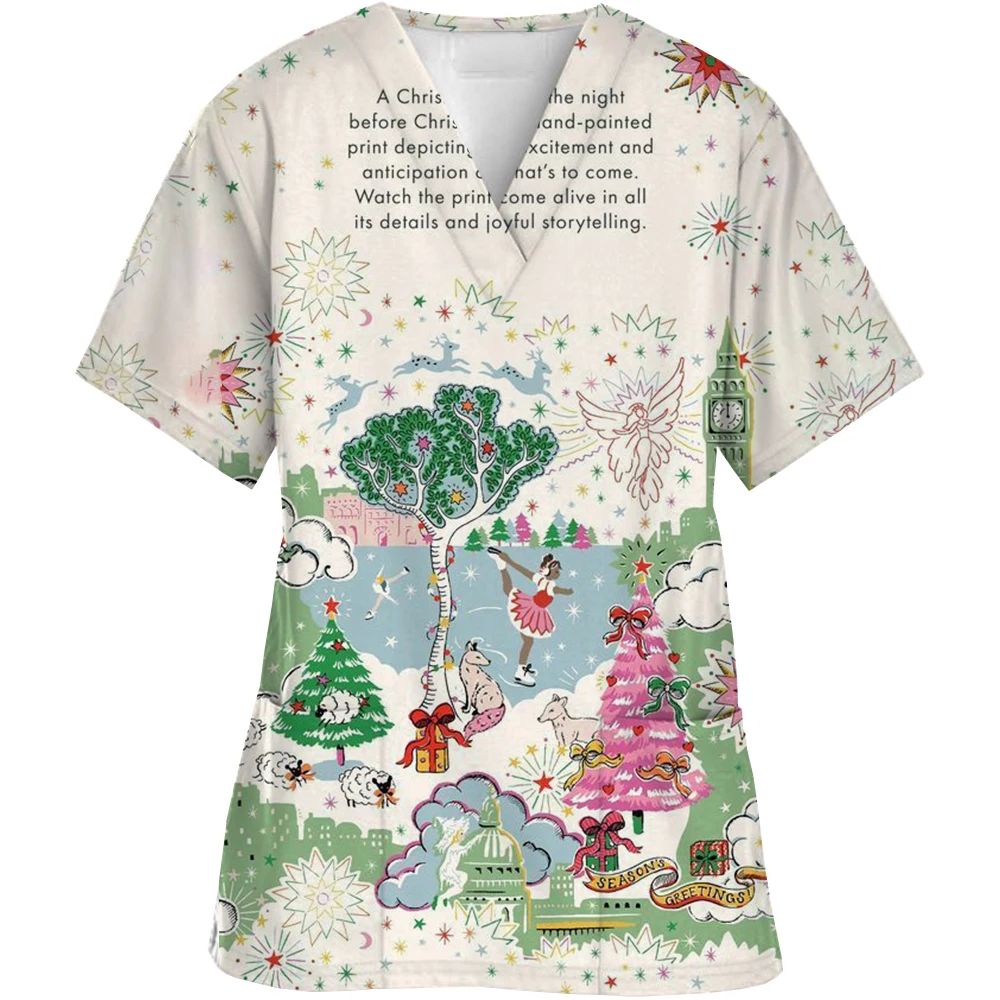 2024 Women V Neck Shirt Princess Print Scrubs Tops Beauty Salon Uniform Medical Top Hospital Nurse Working Blouse Lab Unifroms