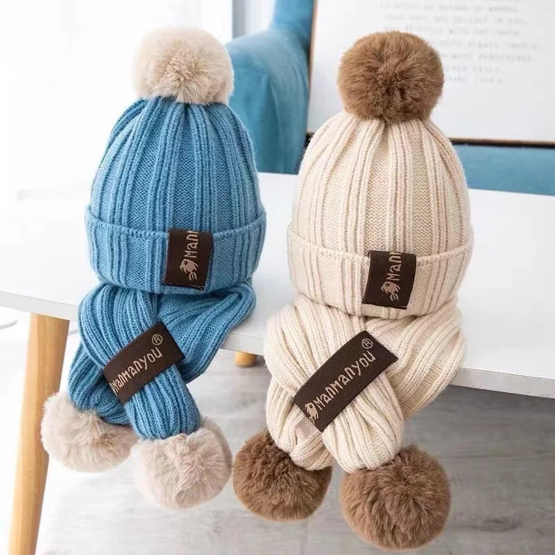 

Children's Pompom Knit Hat woolen caps for Girl warm knitted hat and scarf set cloth label boys