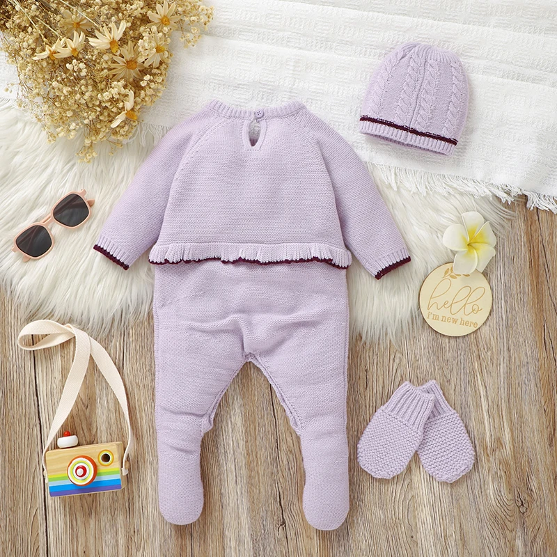 Newborn Baby Romper Set Knit Girl Jumpsuit Outfits Long Sleeve 3PCS Infant Clothes Hat Gloves Fashion Bow Ruffles 0-9M Foot Wrap