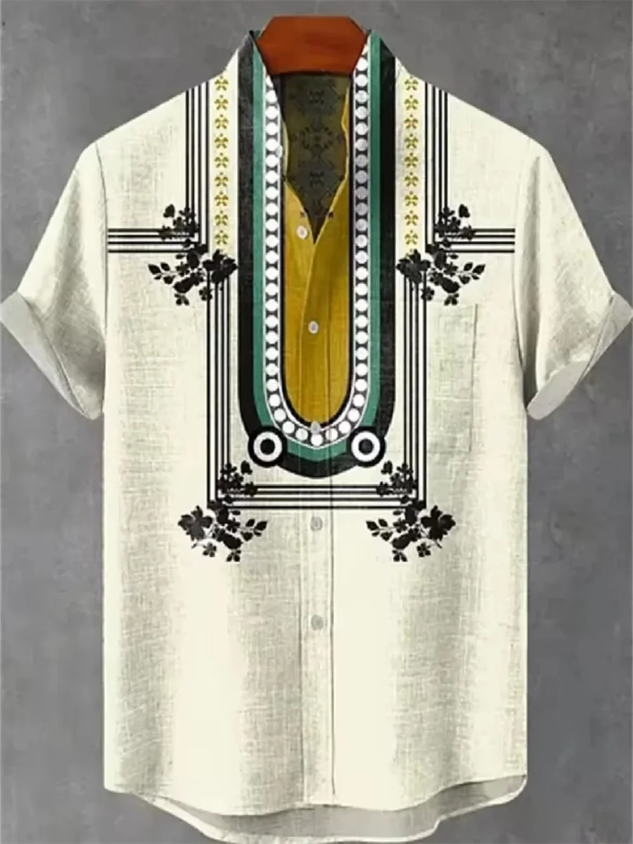 New fashion short sleeve shirt, made of comfortable and breathable fabric, linen art pattern stand collar shirt