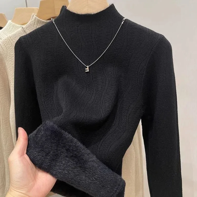 Half High Neck Warm One-piece Velvet Sweater for Women's Autumn and Winter New Style Western-style and Thick Velvet Base Sweater