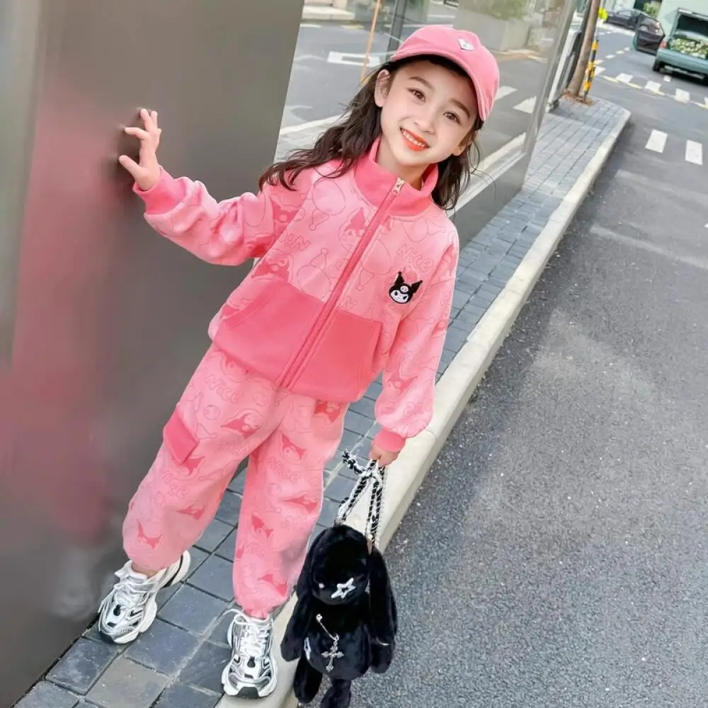 

Sanrio Kuromi, весенне-осенний костюм для девочек, повседневный детский комплект спортивной одежды из двух предметов, комплект детской верхней и нижней одежды