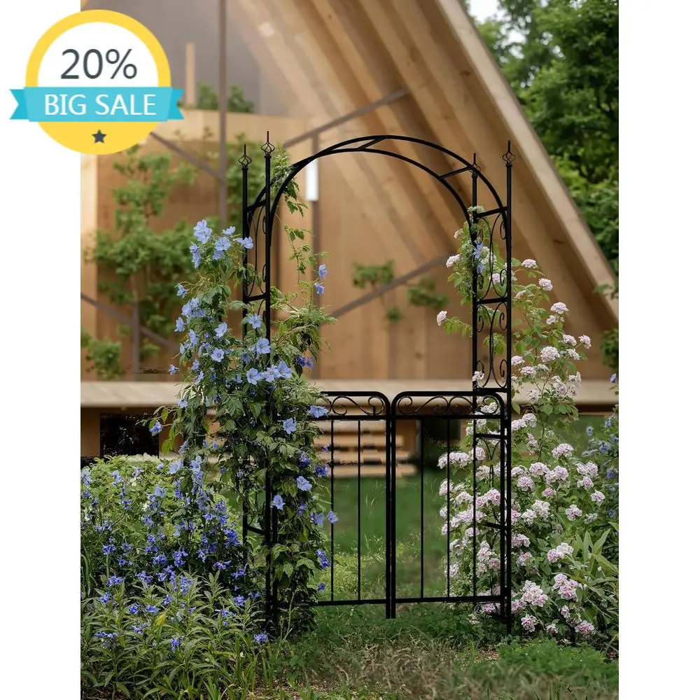 

Elegant Black Metal Garden Arch with Gate for Weddings, Outdoor Ceremonies, and Backyard Decor