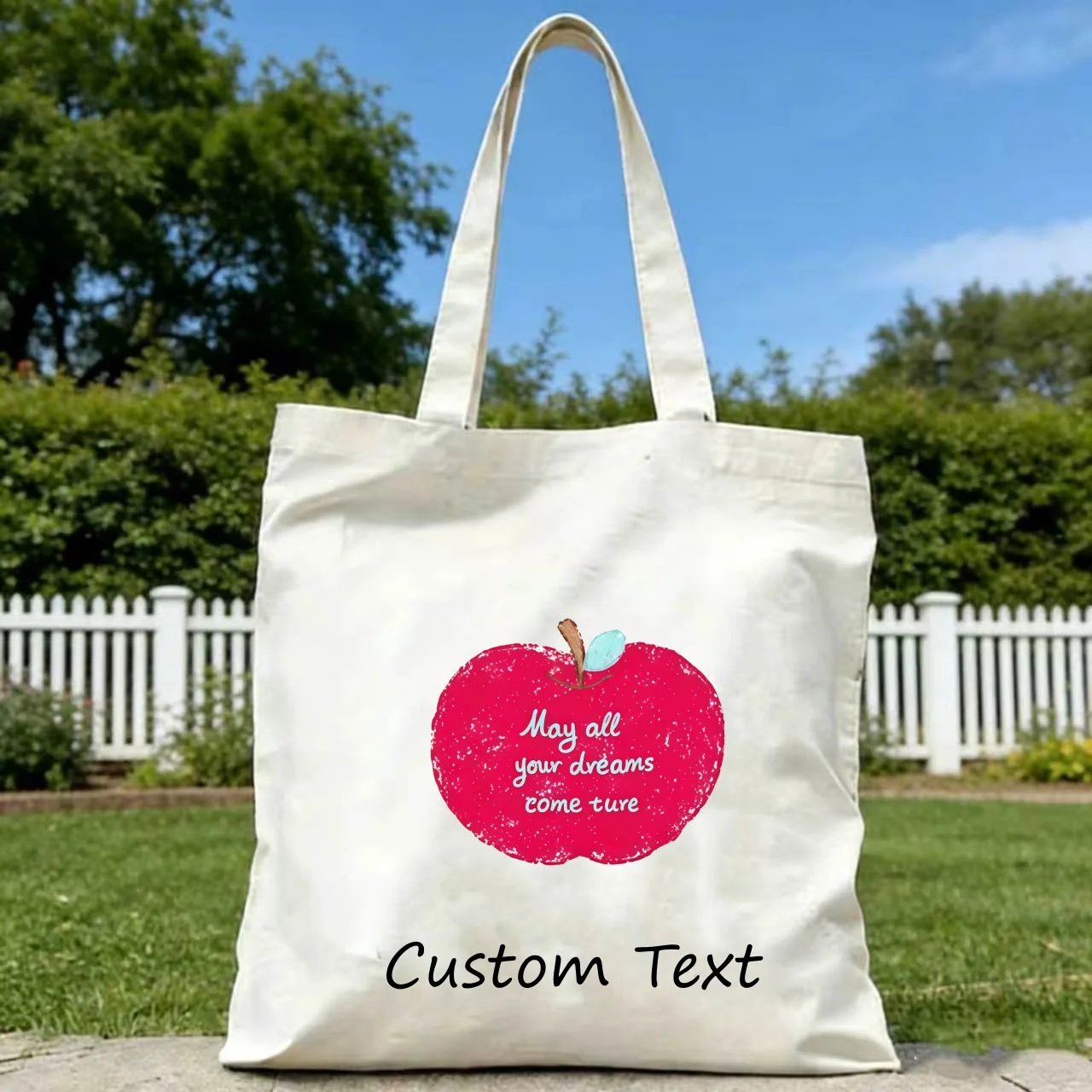 1PC Custom Text Red Apple Inspirational Quote Print Tote Bag Personalized Canvas Shopping Shoulder Handbag