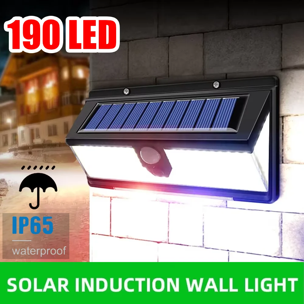 

Новый 190 светодиодный солнечный свет с датчиком движения, 4 режима освещения, солнечная лампа, уличный водонепроницаемый настенный светильник для украшения сада и улицы