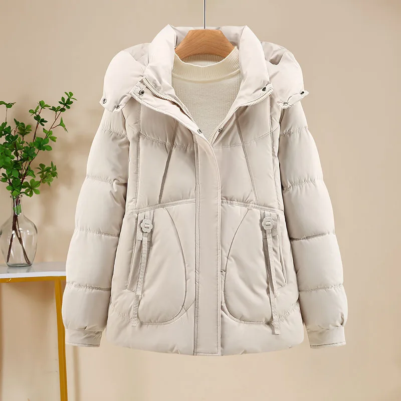 Women Short Oversize Parkas Coats Hooded Jacket Solid Long Sleeve Turn Down Collar Zipper Looose Thick Office Lady 2025 Winter