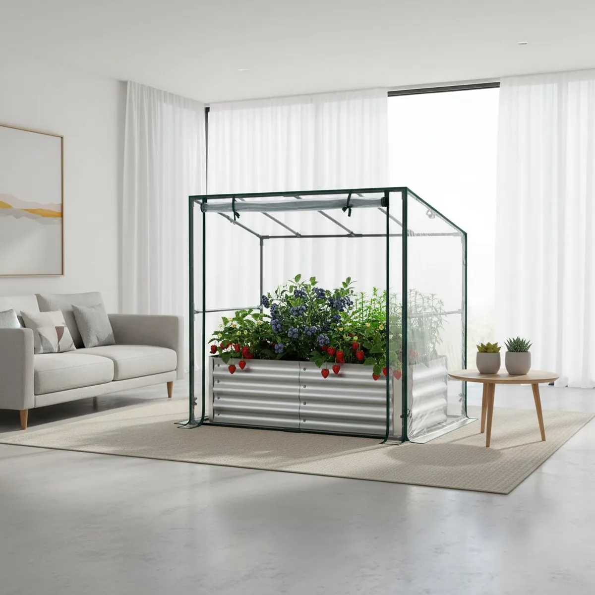 4x2x1 FT Metal Raised Garden Bed Outdoor with PVC Greenhouse Cover, Frost Bird Insect Protection, Vegetable Flower Herb Planter